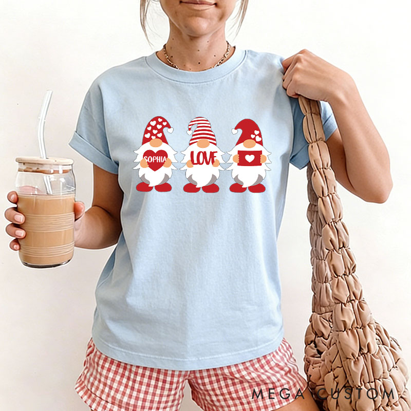 Personalized Couple Adorable Gnome with Heart and Name Matching T-Shirt Valentine's Day T-Shirt for Husband Wife Boyfriend Girlfriend Gift