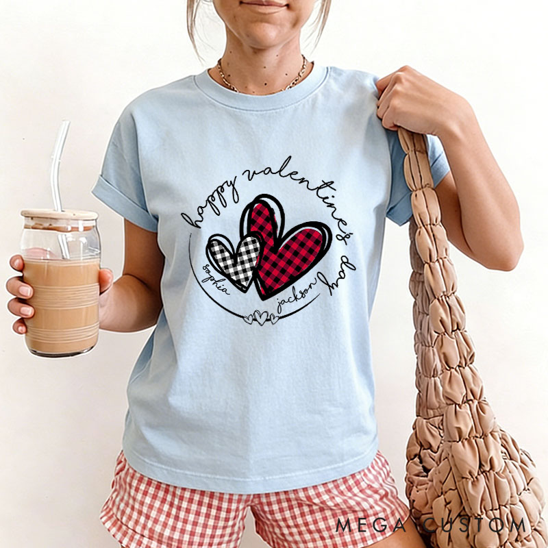 Personalized Couple Plaid Heart with Name Matching T-Shirt Happy Valentine's Day T-Shirt for Husband Wife Boyfriend Girlfriend Gift for Hubby Wifey