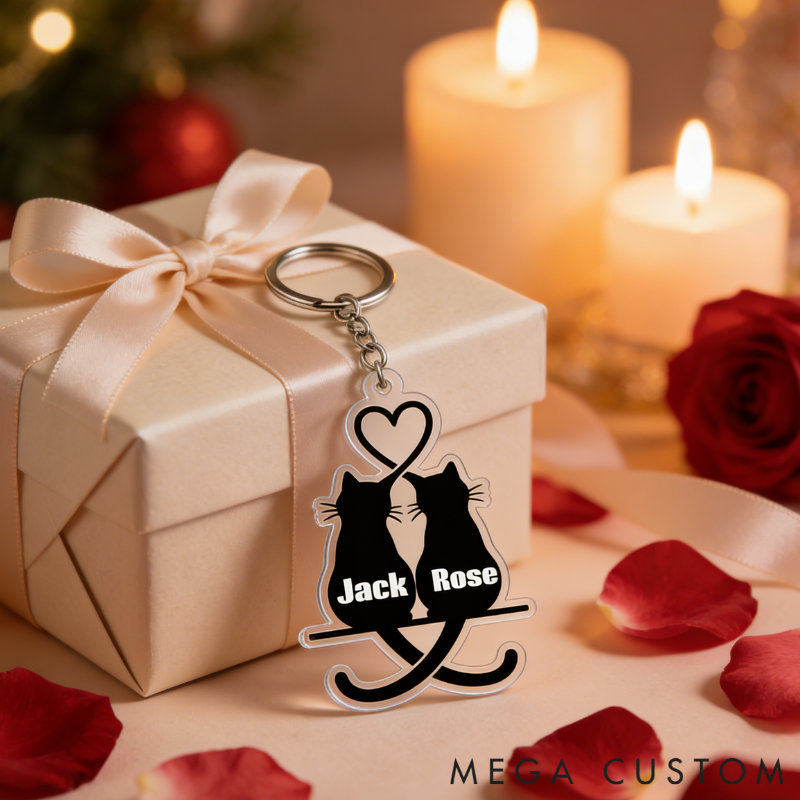 Personalized Snuggling Cats Keychain Couple Silhouette Engraved Key Ring Cute Gift for Couples Valentine's Day Present