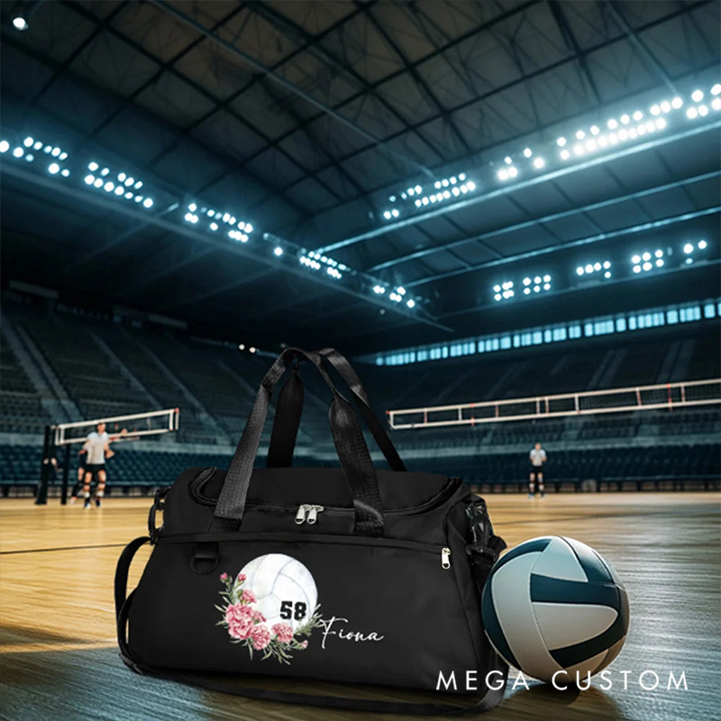 Personalized Volleyball Birth Flower Large Sport Duffle Bag with Shoe Compartment and Shoulder Strap Birthday Team Gift for Women Volleyball Lovers