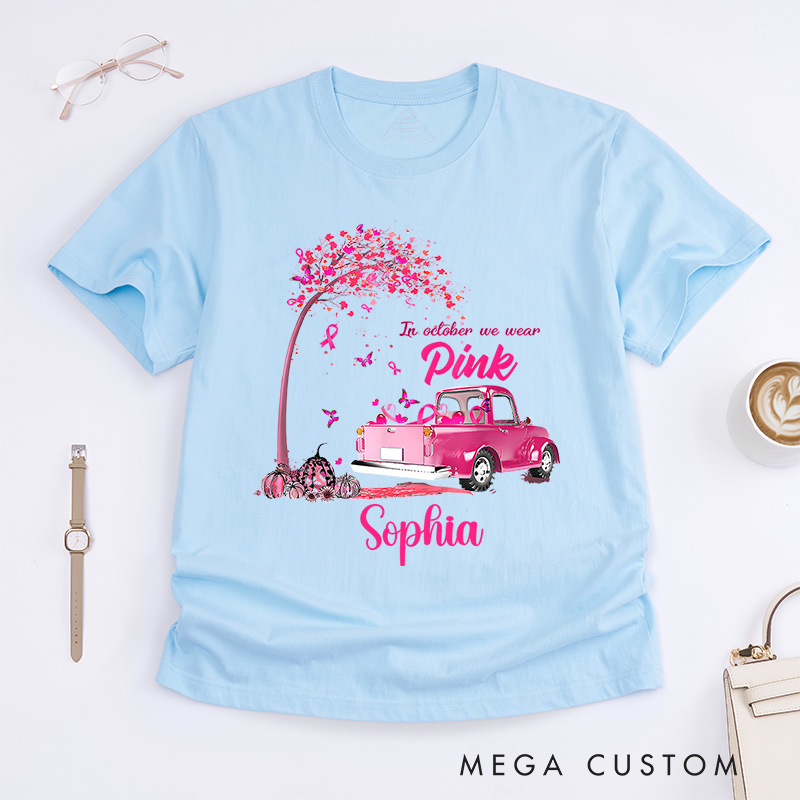 Personalized In October We Wear Pink Vintage Car Breast Cancer T-shirt