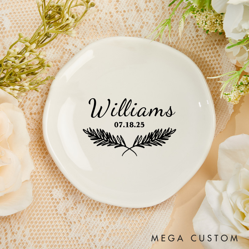 Personalized Classic Fern Wedding Monogram with Date Wedding Engagement Irregular Round Ring Dish