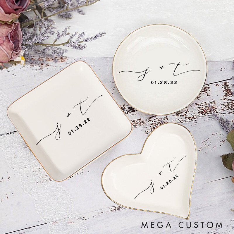 Personalized Minimalist Initials with Date Wedding Engagement Gold-Trimmed Ring Dishes