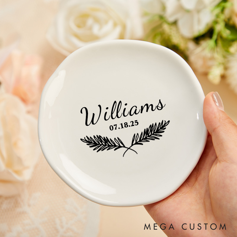 Personalized Classic Fern Wedding Monogram with Date Wedding Engagement Irregular Round Ring Dish
