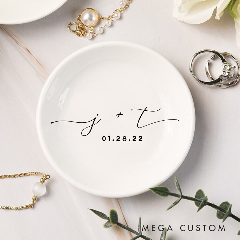 Personalized Minimalist Initials with Date Wedding Engagement Round Ring Dishes