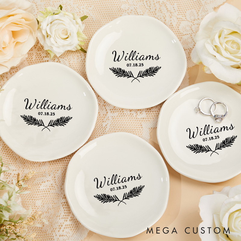 Personalized Classic Fern Wedding Monogram with Date Wedding Engagement Irregular Round Ring Dish