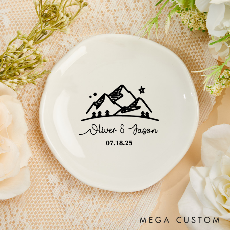 Personalized Adventure-Inspired Mountain Under the Night Sky Wedding Engagement Irregular Round Ring Dish