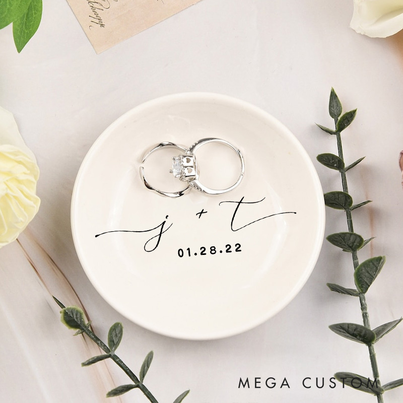 Personalized Minimalist Initials with Date Wedding Engagement Round Ring Dishes