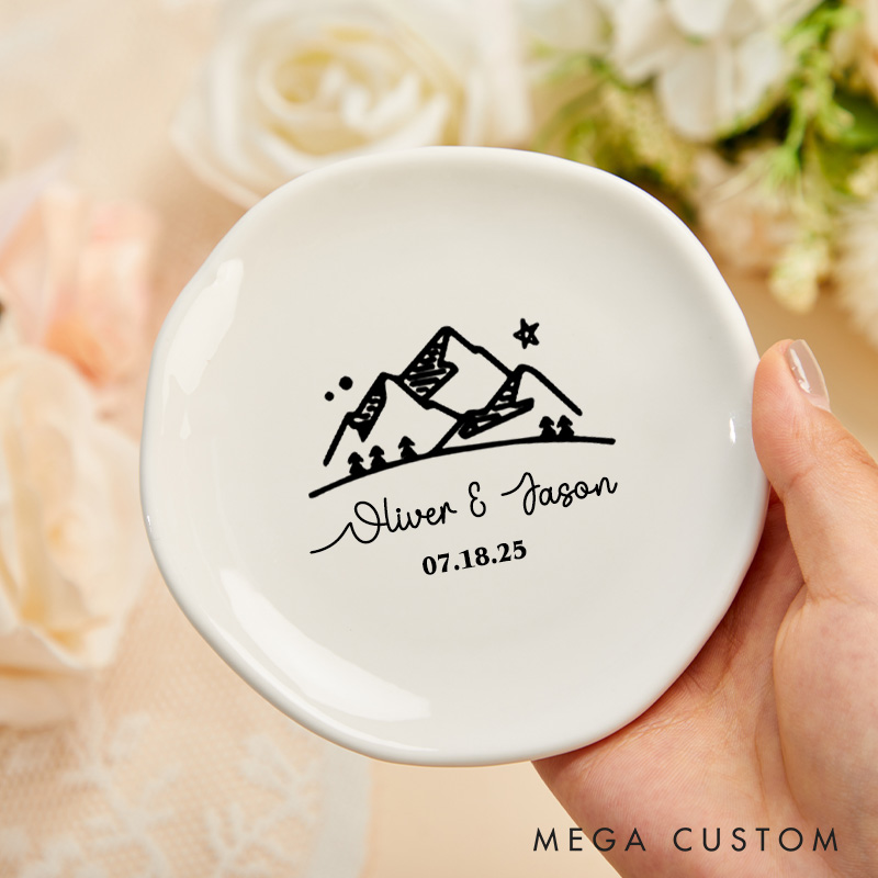 Personalized Adventure-Inspired Mountain Under the Night Sky Wedding Engagement Irregular Round Ring Dish