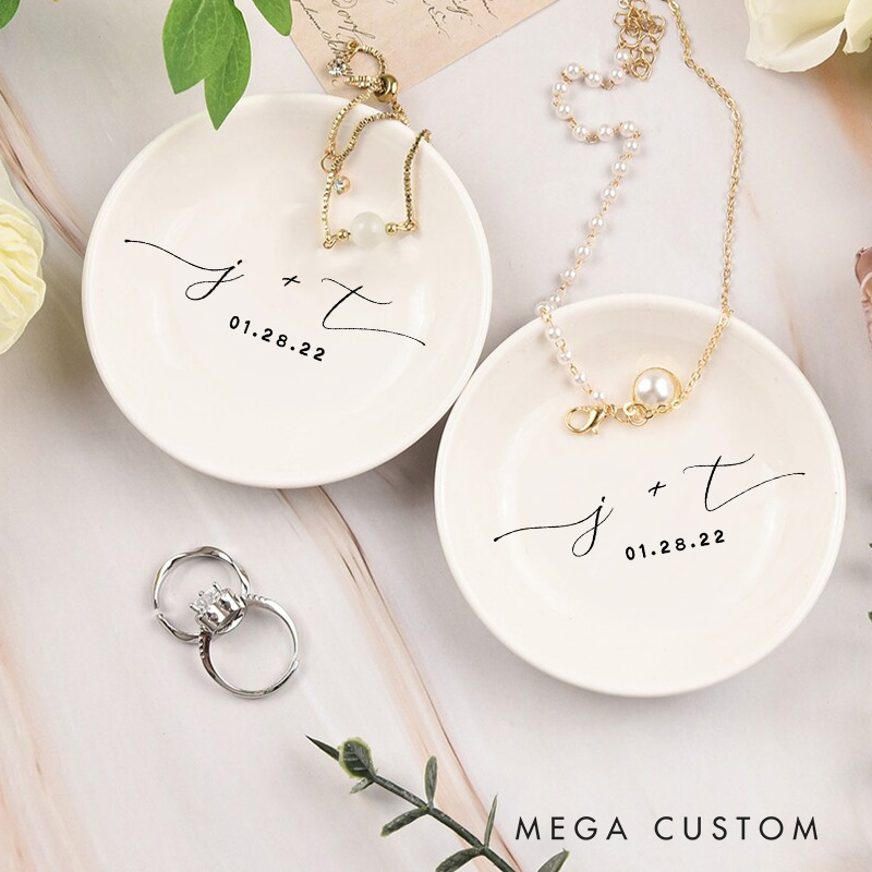 Personalized Minimalist Initials with Date Wedding Engagement Round Ring Dishes