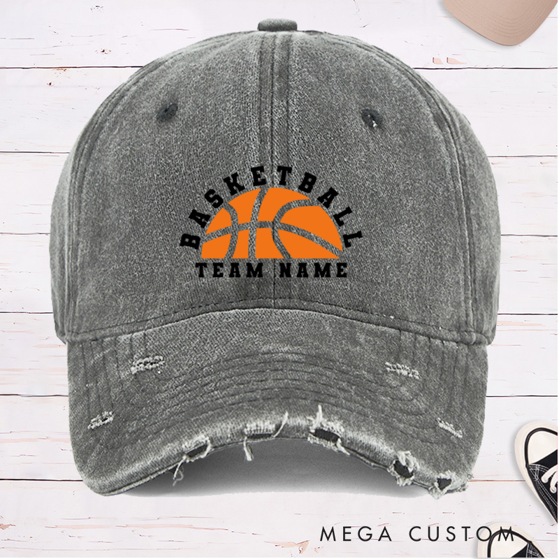 Personalized Distressed Denim Basketball Cap with Custom Team Name and Basketball Graphic Design