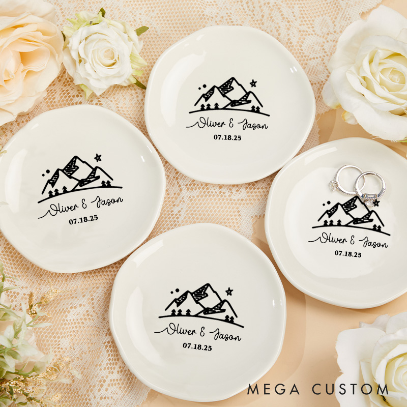 Personalized Adventure-Inspired Mountain Under the Night Sky Wedding Engagement Irregular Round Ring Dish