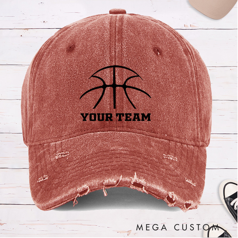 Personalized Distressed Denim Basketball Cap with Custom Team Name and Minimalist Basketball Design