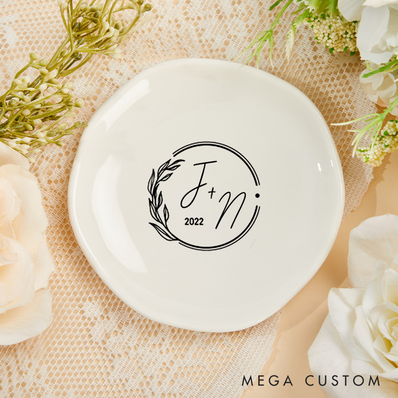 Personalized Modern Circular Initials Wedding Monogram with Botanical Accent Wedding Engagement Irregular Round Ring Dish