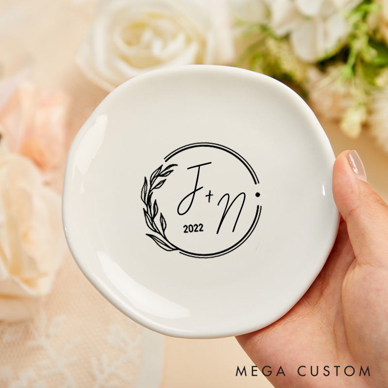 Personalized Modern Circular Initials Wedding Monogram with Botanical Accent Wedding Engagement Irregular Round Ring Dish
