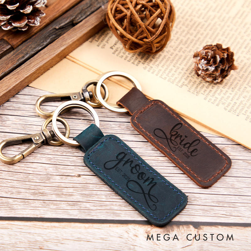 Personalized Bride and Groom Wedding Couple Leather Keychain