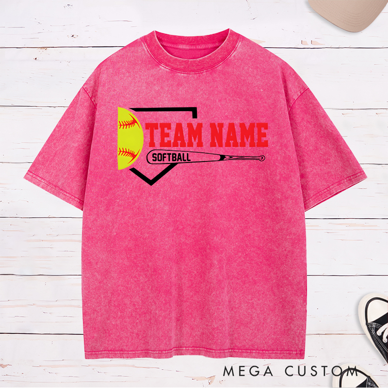 Personalized Softball Team Washed T-Shirt Design Featuring Customizable Team Name Bold Home Plate Graphic Yellow Softball and Bat Element
