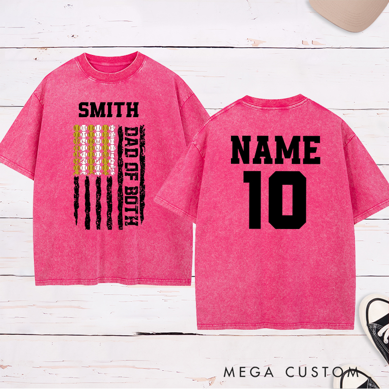 Personalized Dad of Both Washed  T-Shirt with Custom Name and Dual Sports Design Perfect Gift for Proud Softball and Baseball Dads