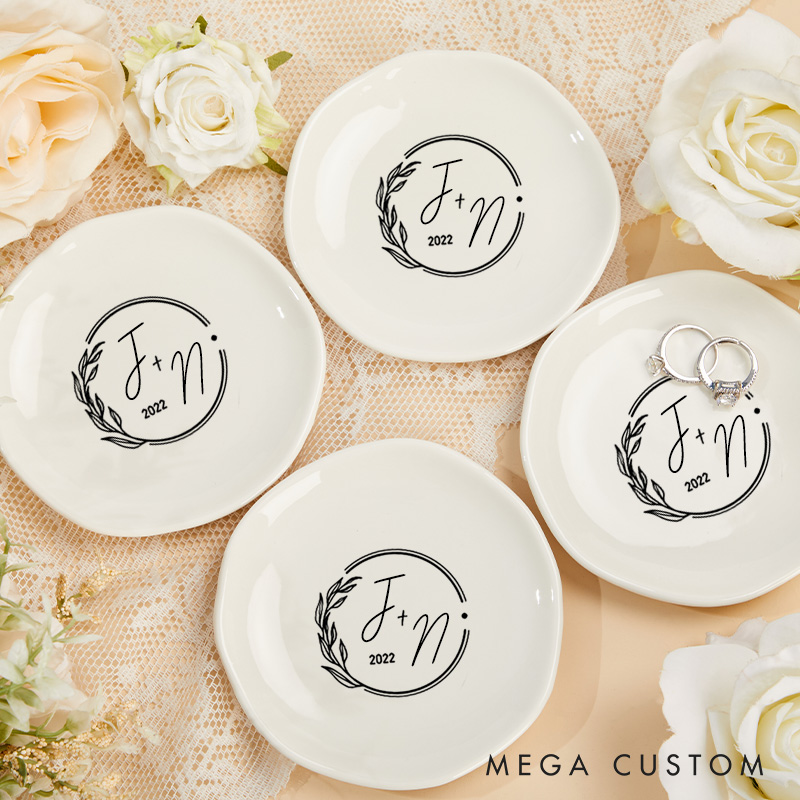 Personalized Modern Circular Initials Wedding Monogram with Botanical Accent Wedding Engagement Irregular Round Ring Dish
