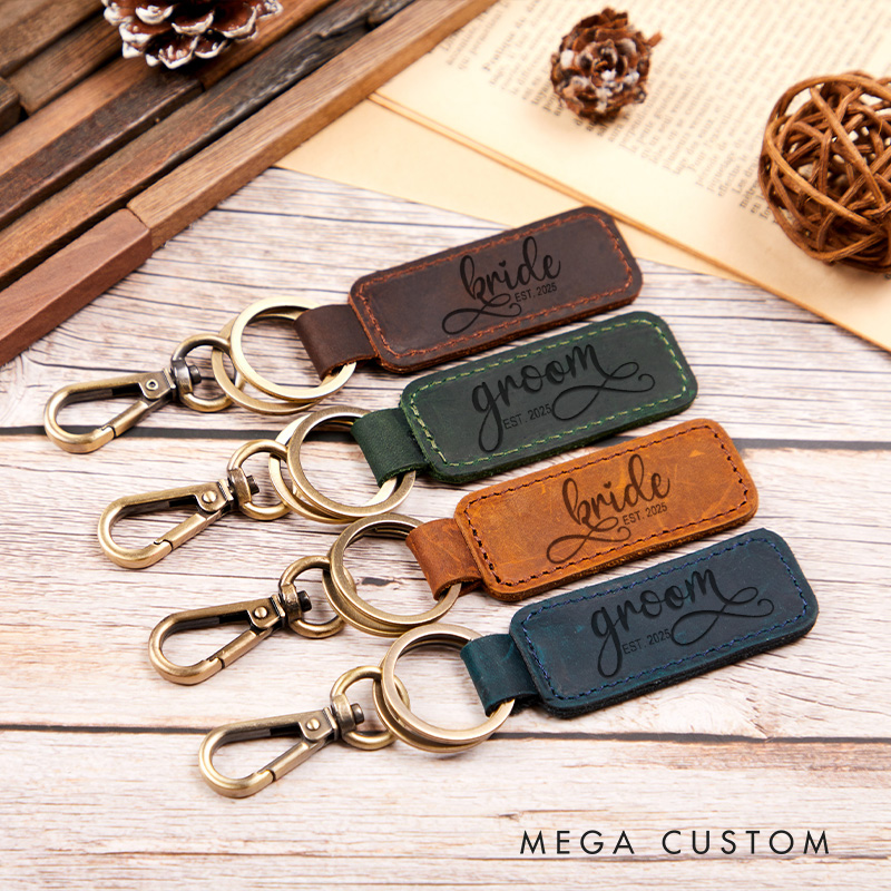 Personalized Bride and Groom Wedding Couple Leather Keychain