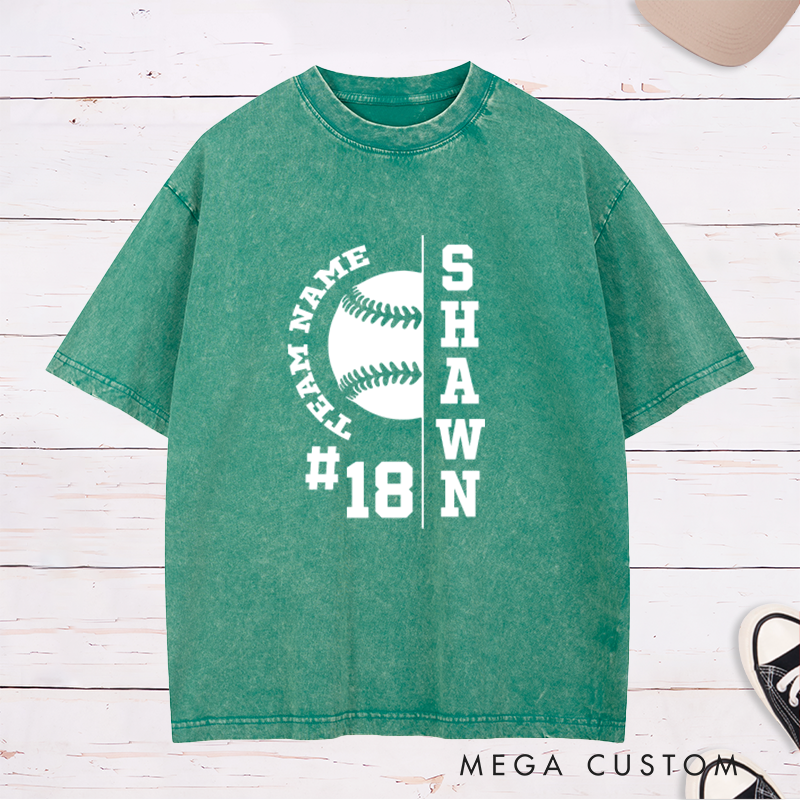 Personalized Baseball Washed T-Shirt with Half Baseball Graphic and Custom Name and Number