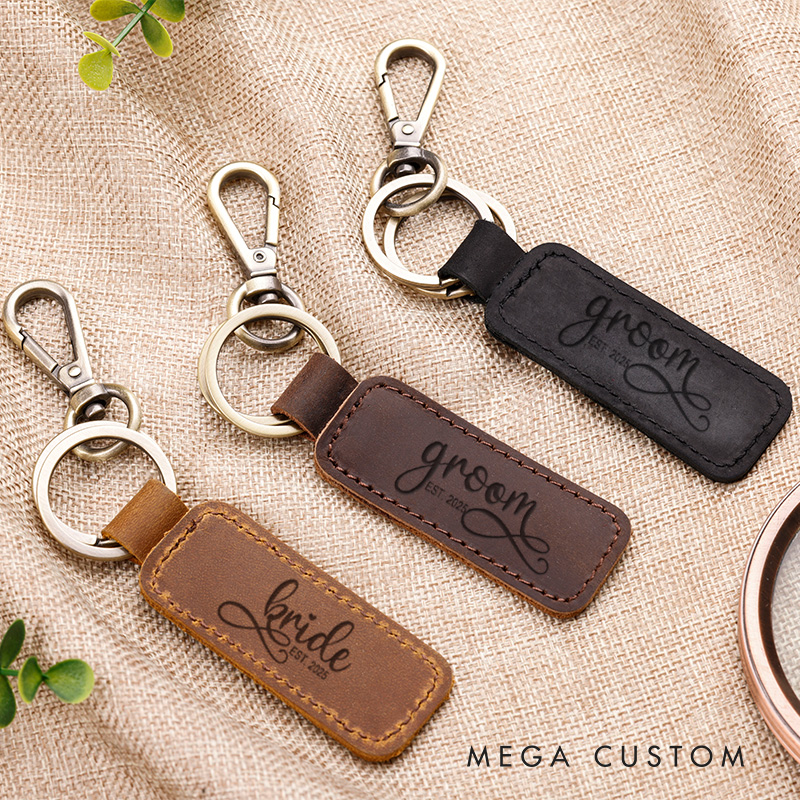 Personalized Bride and Groom Wedding Couple Leather Keychain