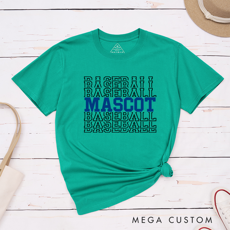 Personalized Baseball T-Shirt Featuring Team Name and Repeating Text Pattern