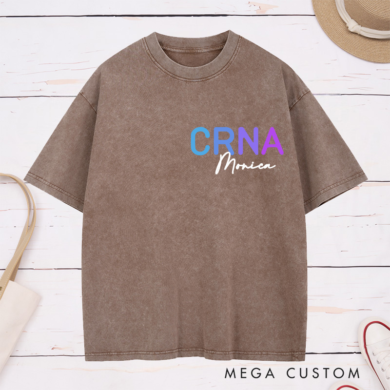 Personalized Nurse Washed T-Shirt Customized Vintage Brown CRNA Design Washed T-Shirt 