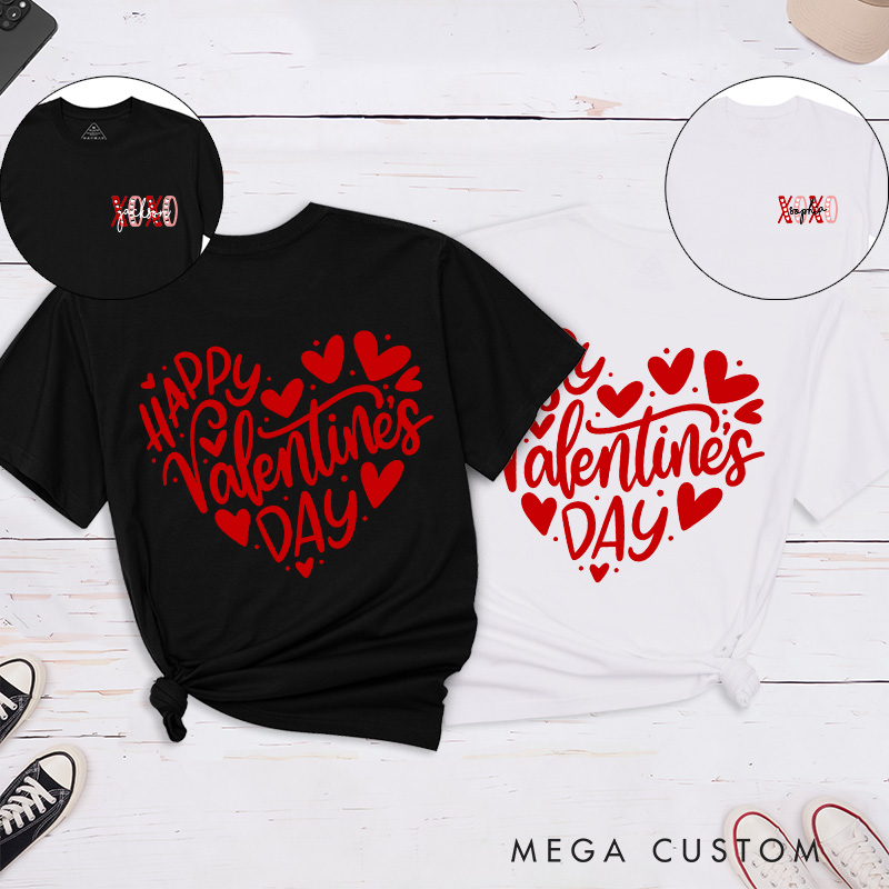 Personalized Couple Happy Valentine's Day Matching T-Shirt XOXO with Name T-Shirt for Husband Wife Boyfriend Girlfriend Gift for Hubby Wifey