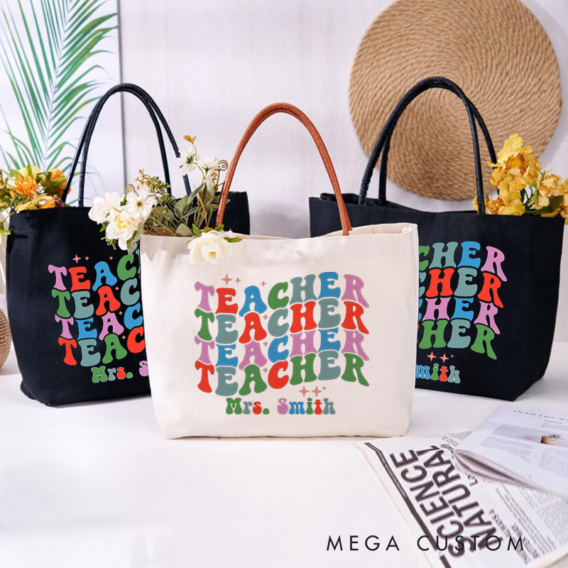 Personalized Teacher Canvas Tote Bag Colorful Teacher Design Appreciation Gift for Teachers