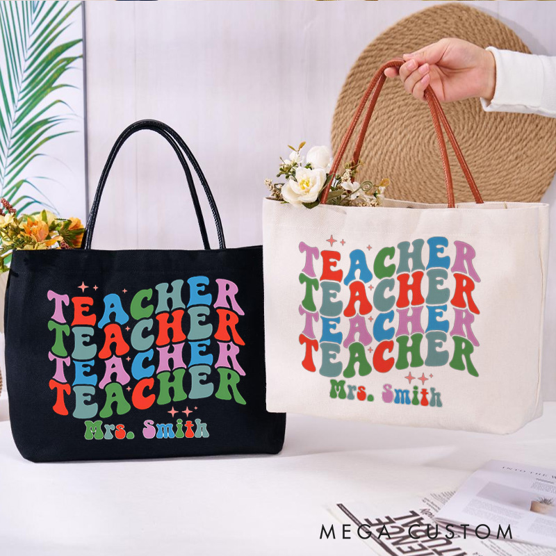 Personalized Teacher Canvas Tote Bag Colorful Teacher Design Appreciation Gift for Teachers