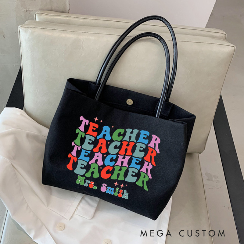Personalized Teacher Canvas Tote Bag Colorful Teacher Design Appreciation Gift for Teachers