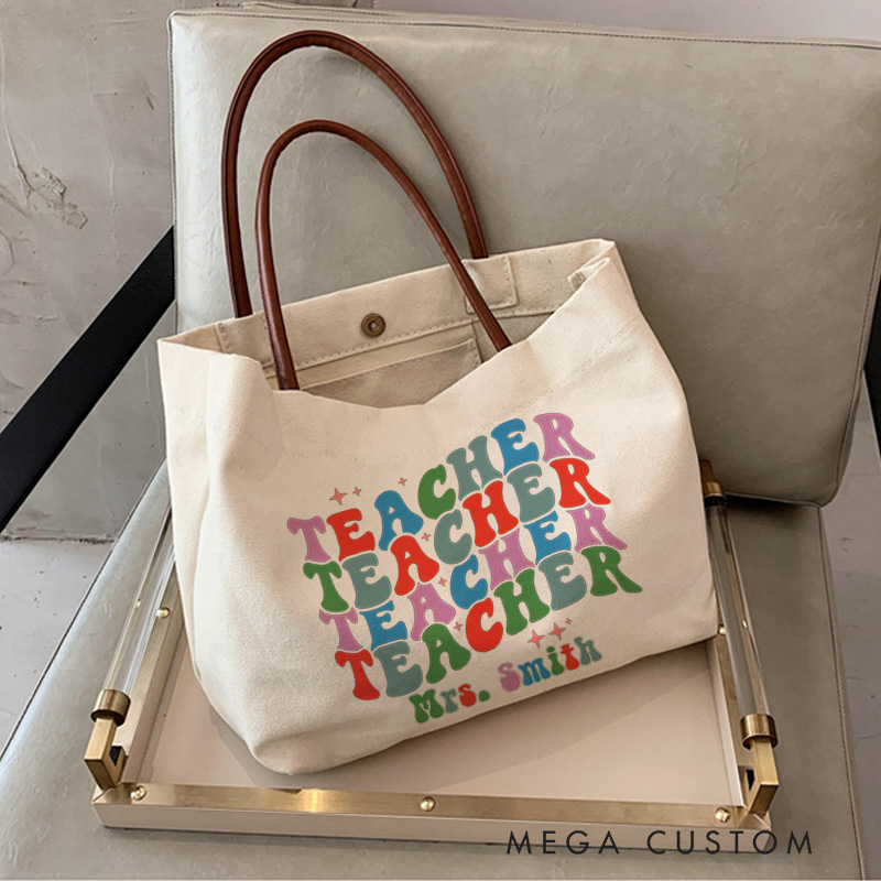 Personalized Teacher Canvas Tote Bag Colorful Teacher Design Appreciation Gift for Teachers