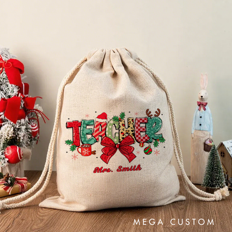 Personalised Christmas Santa Sack for Teachers Custom Cute Christmas Teacher Design Sack Christmas Gift
