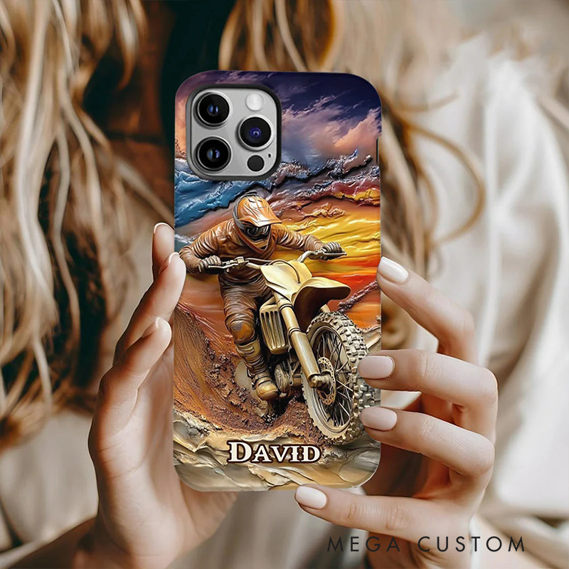 Personalized Dirt Bike Flame Phone Case Custom Name and Bike Style Gift for Bikers and Racing Lovers