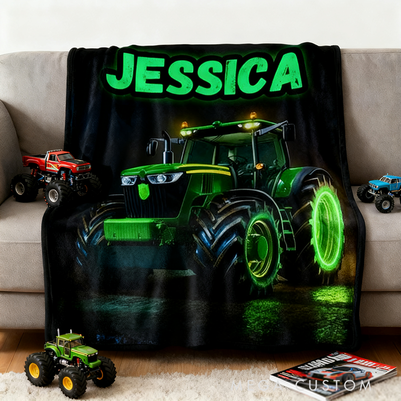 Personalized Green Monster Truck Blanket Custom Name Throw Blanket Gift