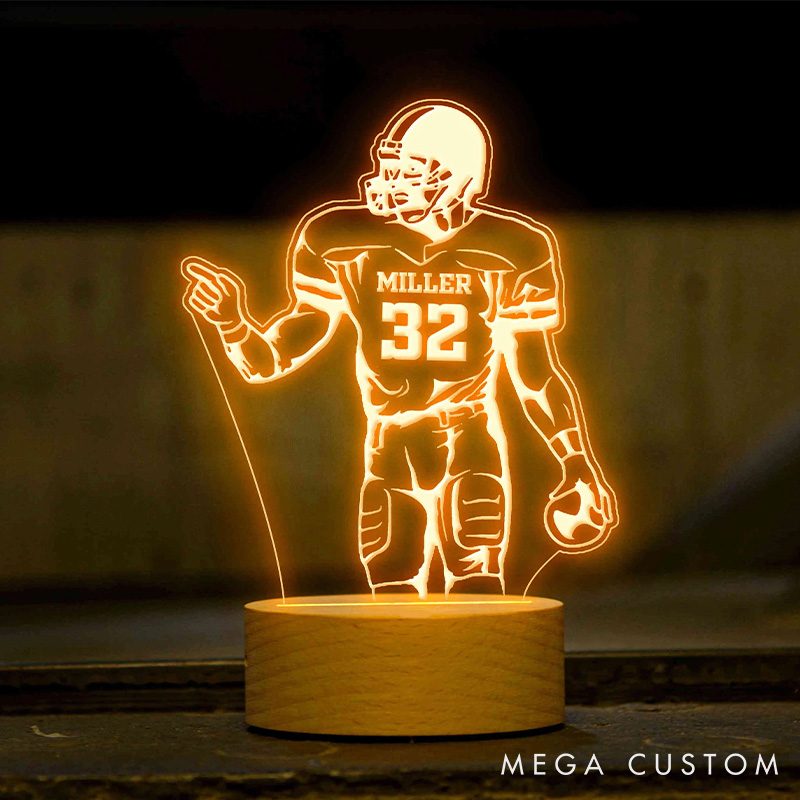 Personalized American Football Player LED Night Light with Custom Name and Number on the Front