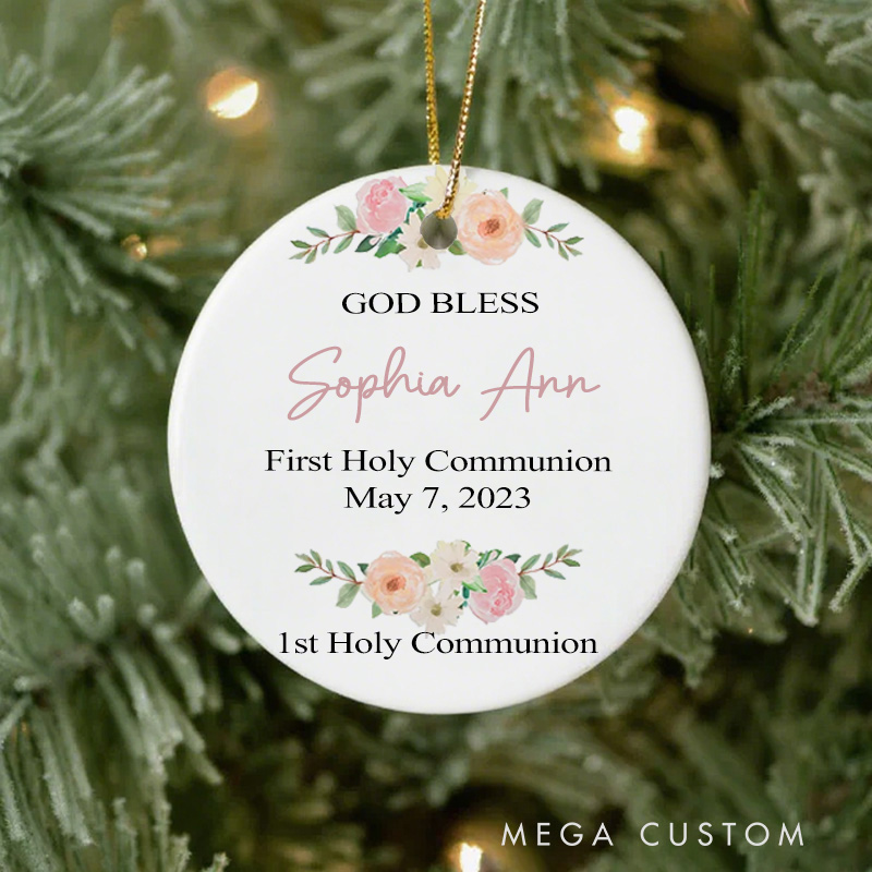 Personalized God Bless Ceramic Ornament with Name Date Christening First Communion Gift for Christian Confirmation Gift