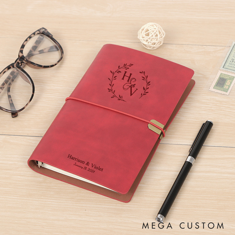 Personalized Laurel Branches with Initials and Date Wedding Couple A6 Leather Journals