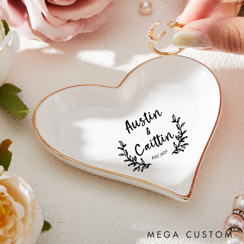 Personalized Rustic Laurel Wreath Wedding Monogram with Names and Date Wedding Engagement Gold-Trimmed Ring Dishes