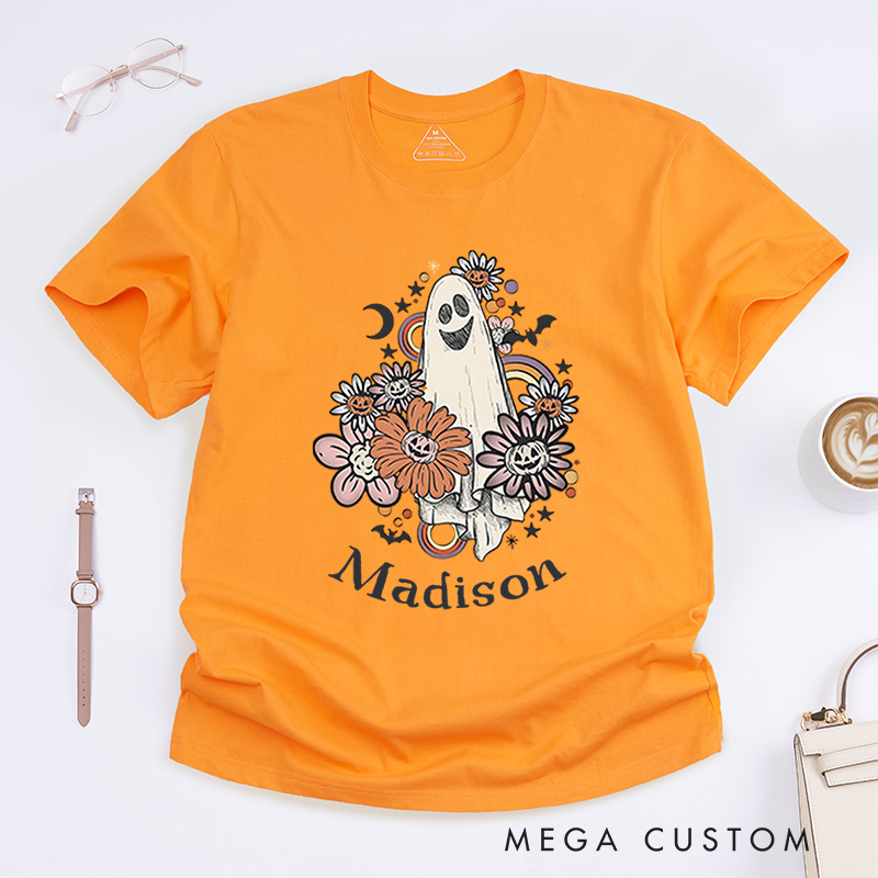 Personalized Floral Ghost Halloween T-Shirt Perfect for Adding Whimsy and Charm to Festive Outfits T-Shirt