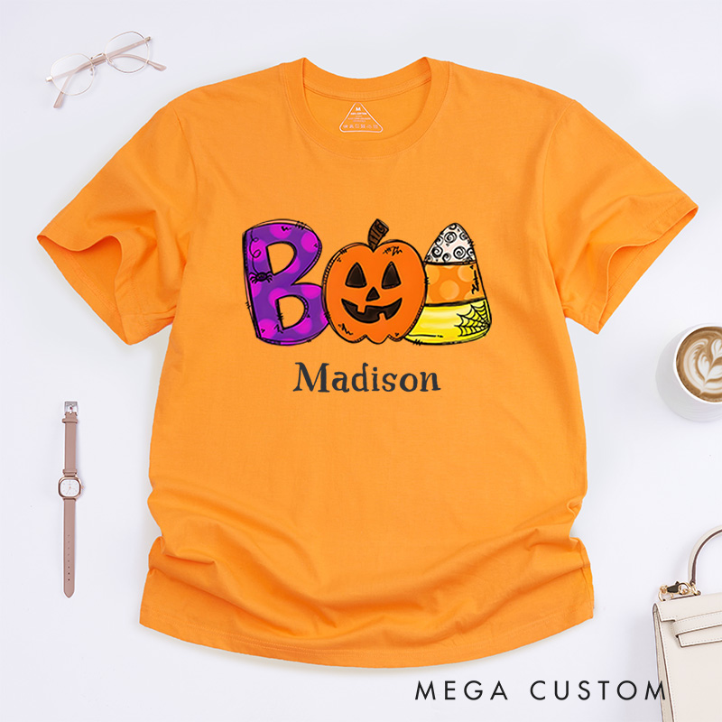 Personalized Boo and Candy Halloween T-Shirt Perfect for Fun and Playful Seasonal Vibes T-Shirt