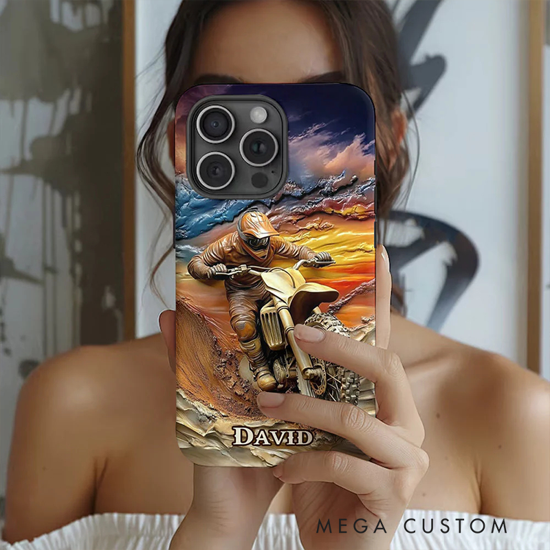 Personalized Dirt Bike Flame Phone Case Custom Name and Bike Style Gift for Bikers and Racing Lovers