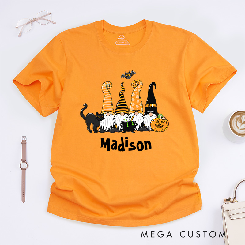 Personalized Halloween Gnomes and Pumpkins T-Shirt Perfect for Fun and Festive Seasonal Celebrations T-Shirt