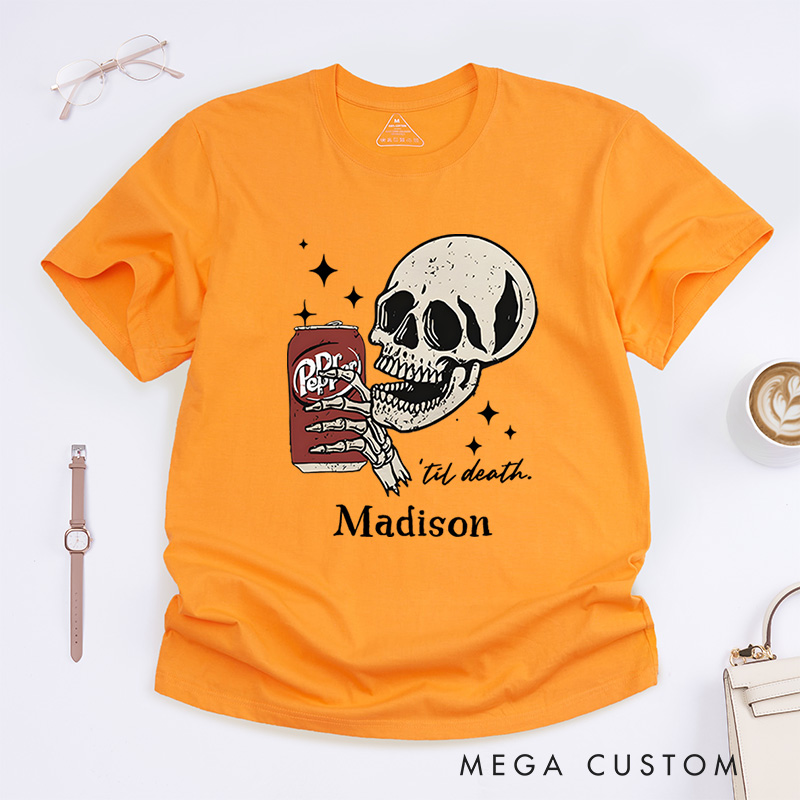 Personalized Skull and Drink Halloween T-Shirt Perfect for Adding a Playful and Spooky Vibe to Outfits T-Shirt