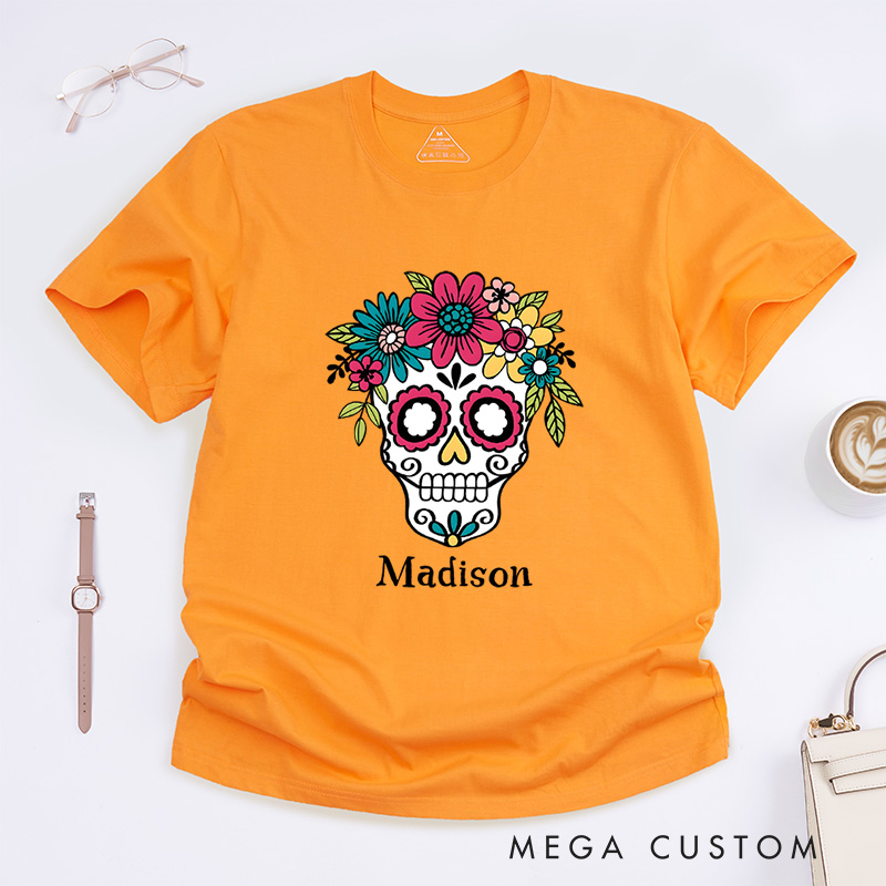 Personalized Sugar Skull Halloween T-Shirt Perfect for Adding a Vibrant and Artistic Touch T-Shirt