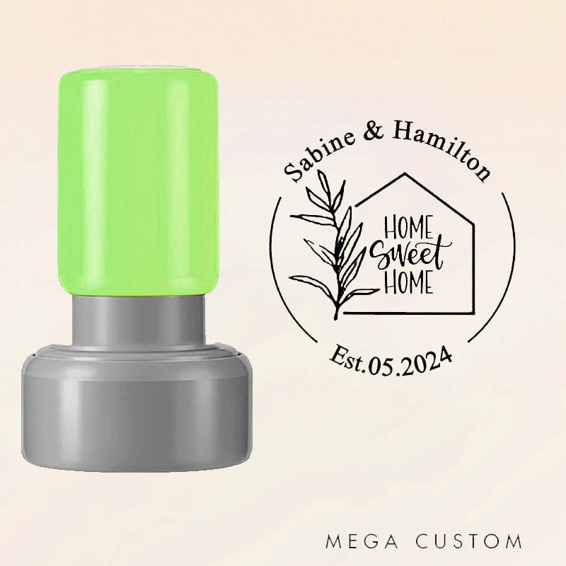 Personalized Round Housewarming Stamp Home Sweet Home Design Custom Names Established Date and Leaf Motif Decorative Stamp for New Homeowner
