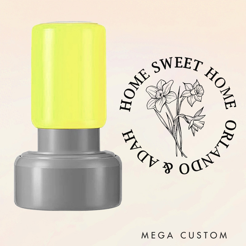 Personalized Round Housewarming Stamp Home Sweet Home Design March Birth Flower Daffodil Custom Names Decorative Stamp for New Homeowners and Gifts