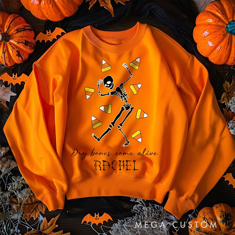 Personalized Halloween Skeleton Pumpkin Candy Classic Sweatshirt with Name Halloween Gift for Women and Men