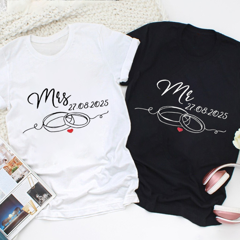 Personalized Elegant Mr and Mrs with Wedding Rings Matching Wedding Couple Classic T-Shirt